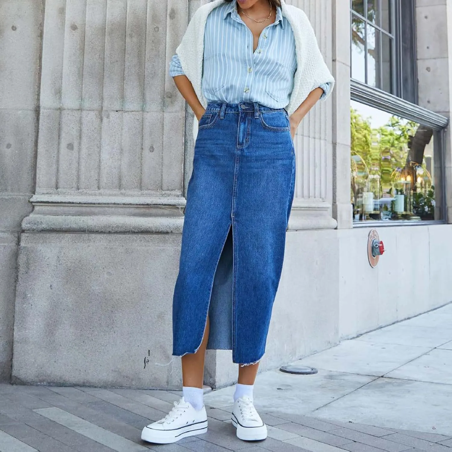 Women's Y2k Denim Midi Skirts Elegant Vintage High Waist Frayed Split A-Line Long Jean Skirts with Pockets