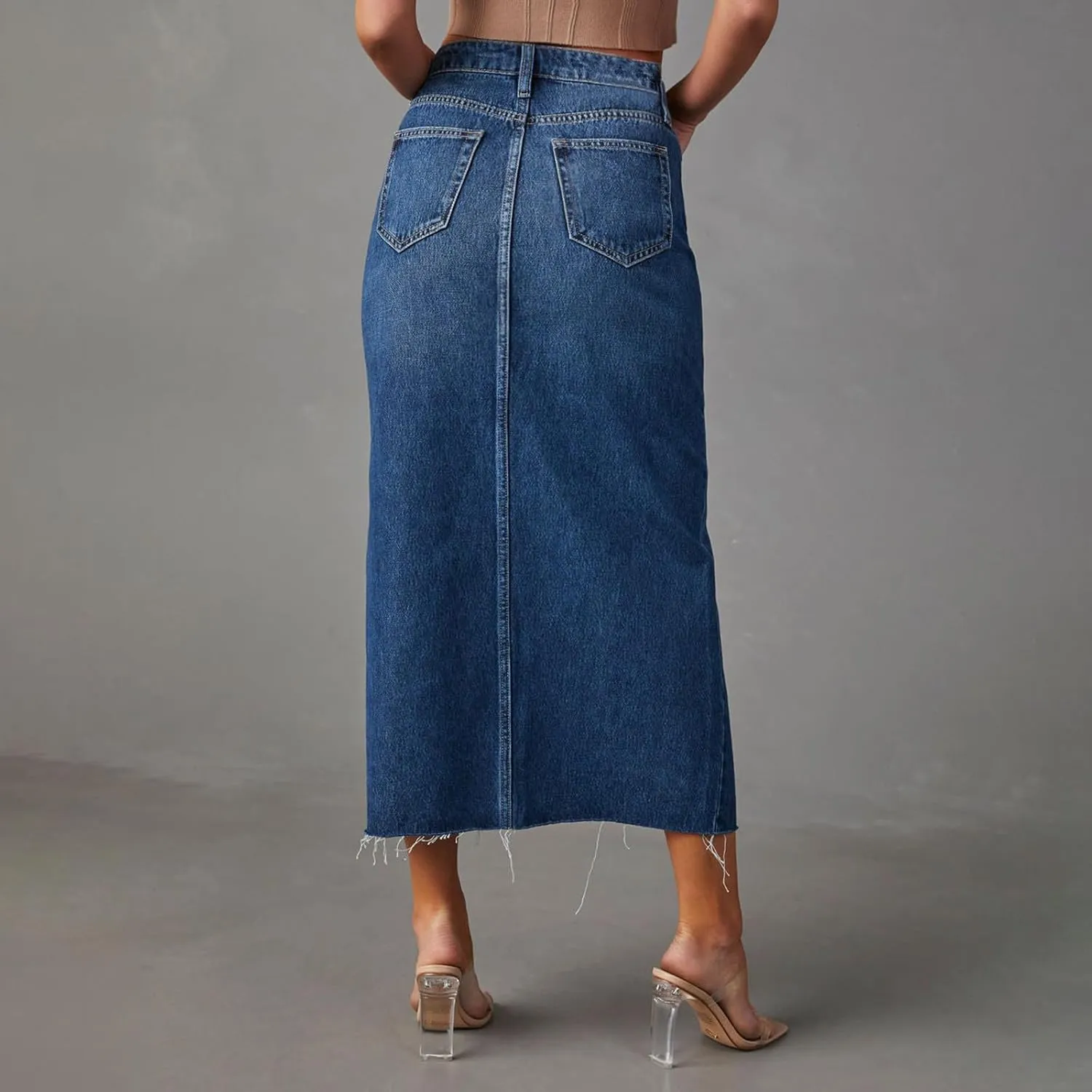 Women's Y2k Denim Midi Skirts Elegant Vintage High Waist Frayed Split A-Line Long Jean Skirts with Pockets
