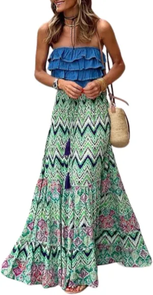 yoeasy Women's Bohemian Floral Ruffle Hem Maxi Skirt High Waist Tiered Flowy Long Skirts
