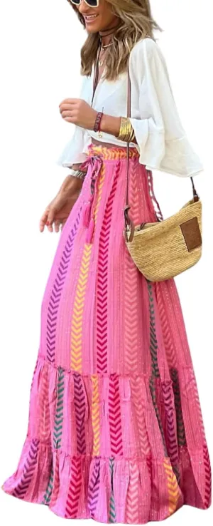 yoeasy Women's Bohemian Floral Ruffle Hem Maxi Skirt High Waist Tiered Flowy Long Skirts