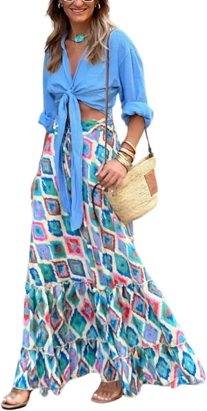yoeasy Women's Bohemian Floral Ruffle Hem Maxi Skirt High Waist Tiered Flowy Long Skirts