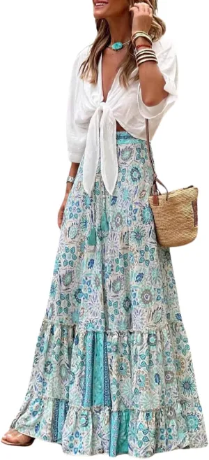 yoeasy Women's Bohemian Floral Ruffle Hem Maxi Skirt High Waist Tiered Flowy Long Skirts