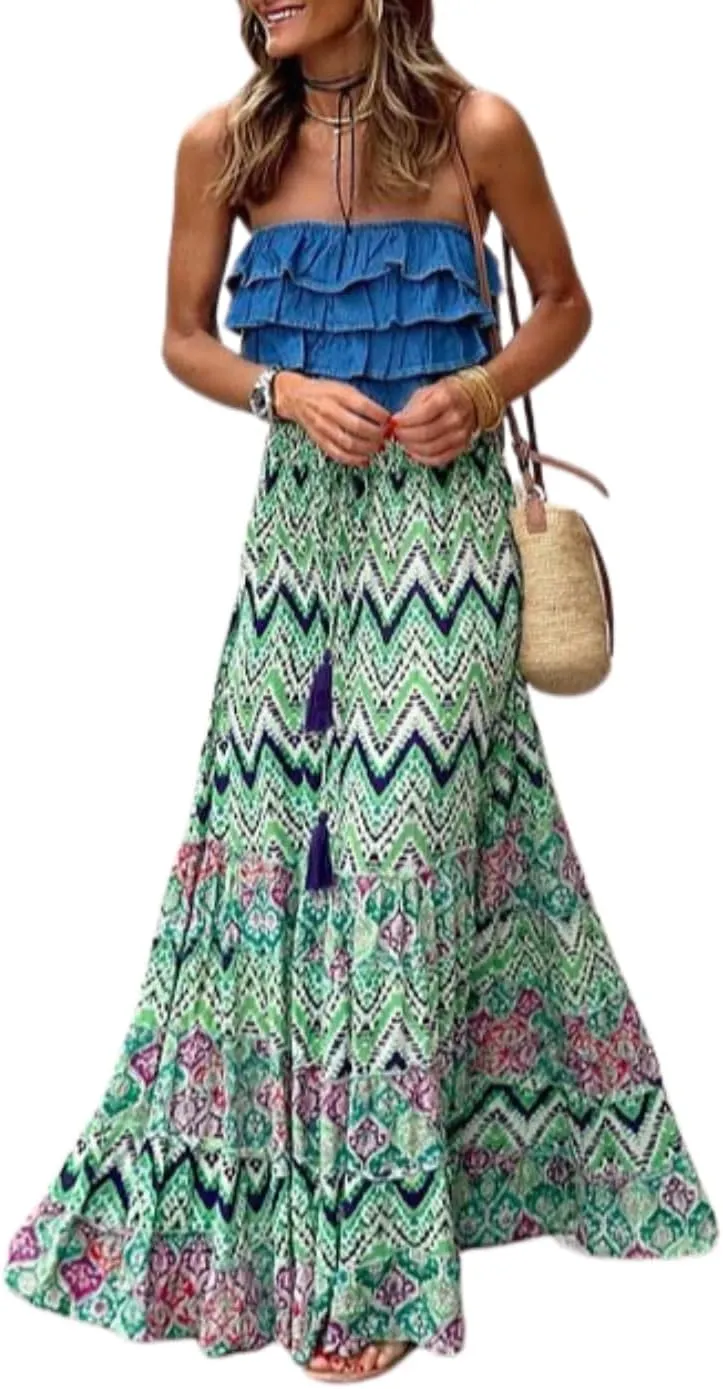 yoeasy Women's Bohemian Floral Ruffle Hem Maxi Skirt High Waist Tiered Flowy Long Skirts