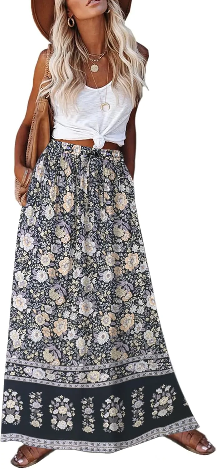 Zeagoo Women's 2025 Boho Floral Skirt Casual Elastic High Waist Maxi Skirts Flowy A Line Beach Long Skirt with Side Pockets