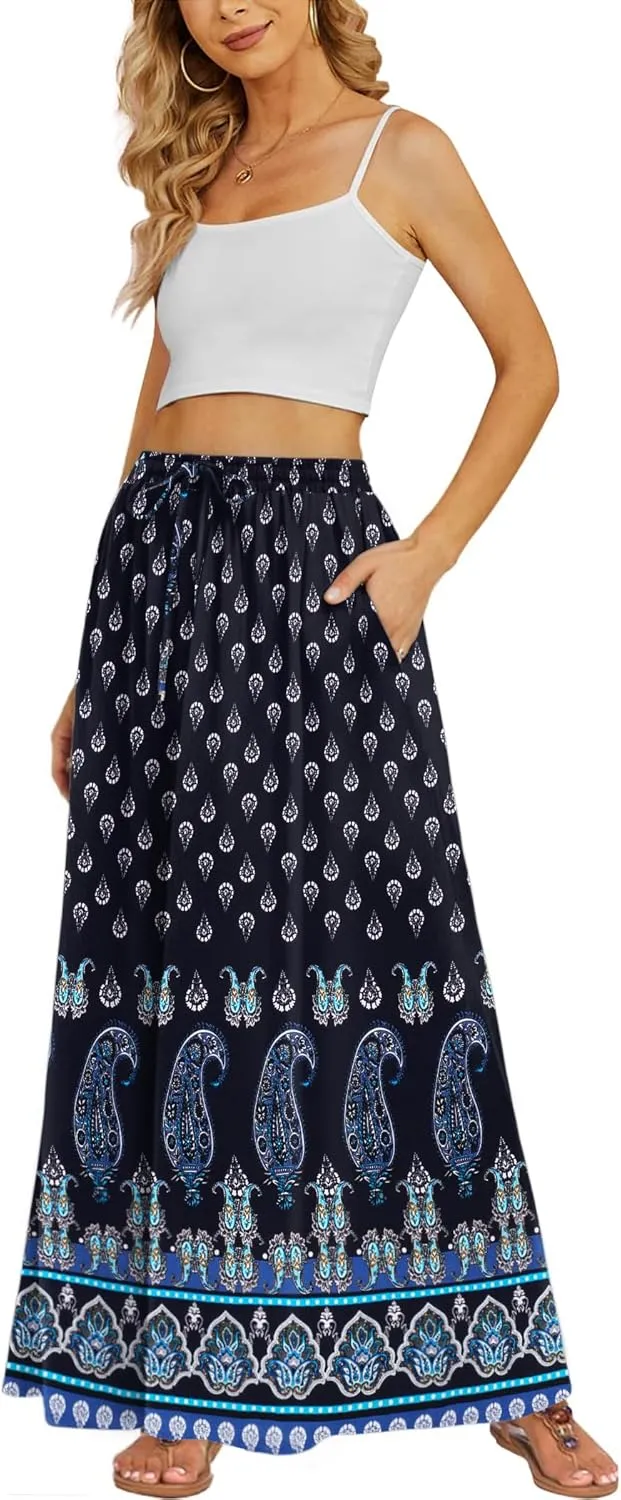 Zeagoo Women's 2025 Boho Floral Skirt Casual Elastic High Waist Maxi Skirts Flowy A Line Beach Long Skirt with Side Pockets