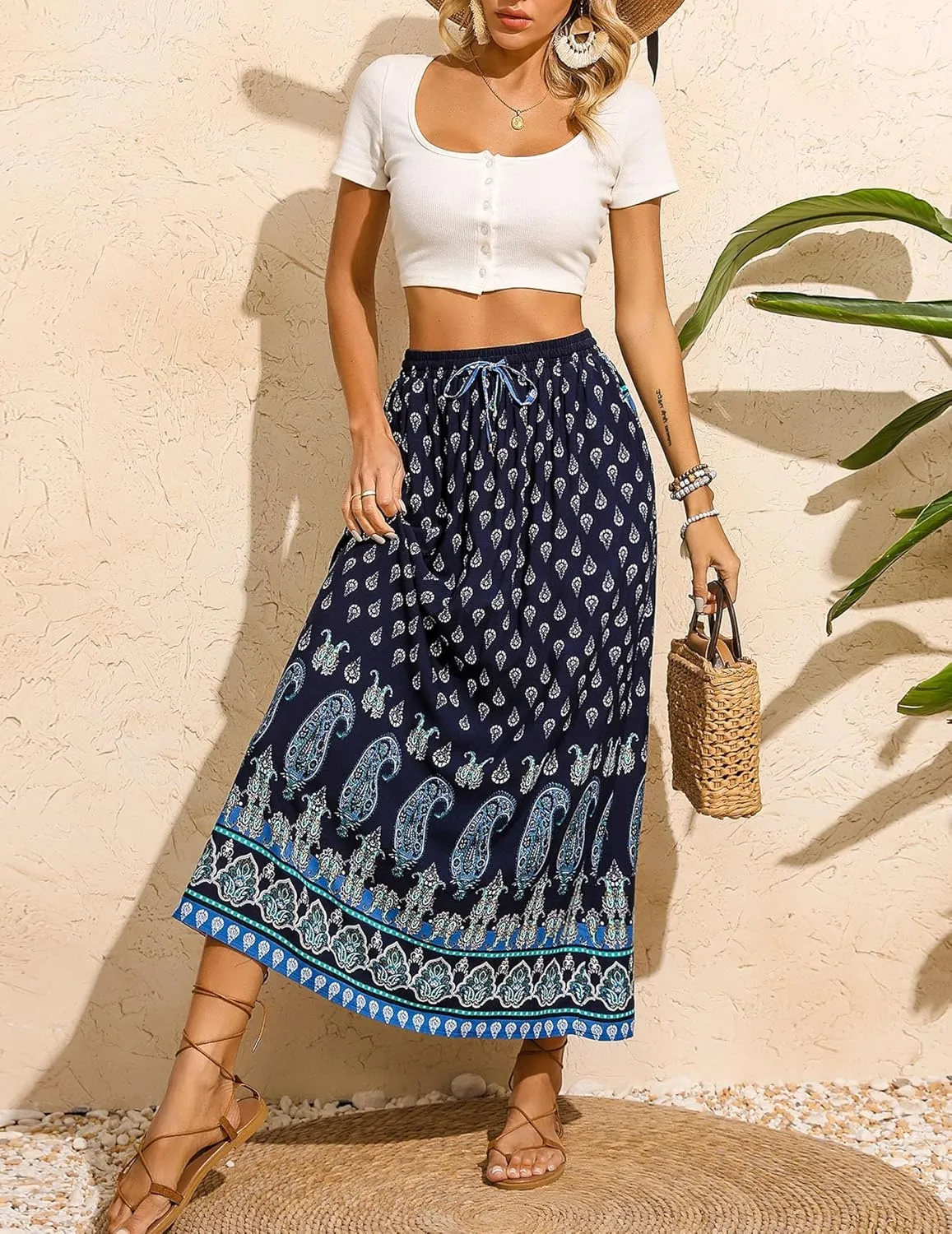 Zeagoo Women's 2025 Boho Floral Skirt Casual Elastic High Waist Maxi Skirts Flowy A Line Beach Long Skirt with Side Pockets