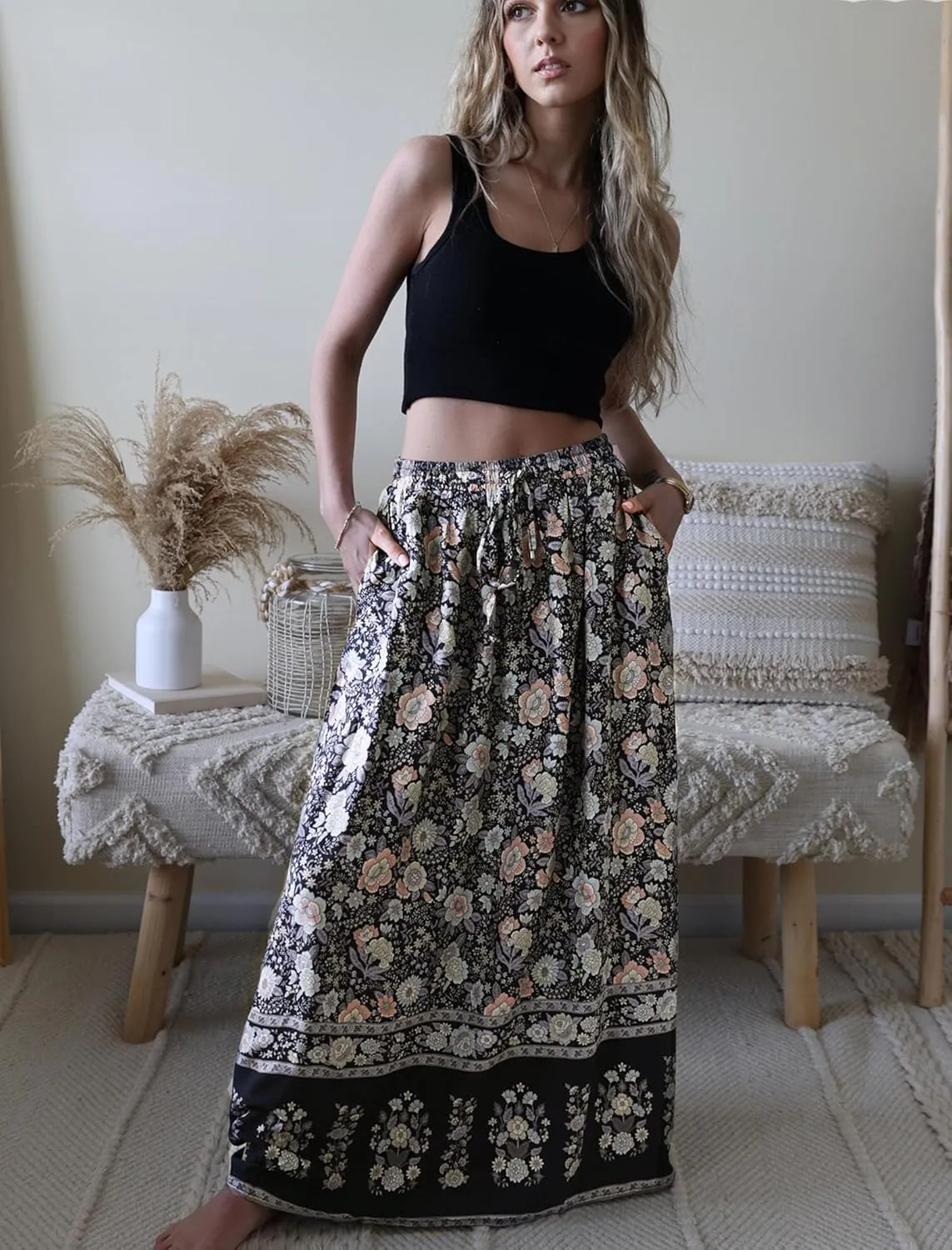 Zeagoo Women's 2025 Boho Floral Skirt Casual Elastic High Waist Maxi Skirts Flowy A Line Beach Long Skirt with Side Pockets