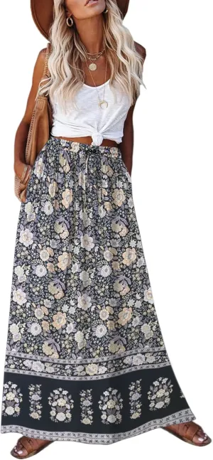 Zeagoo Women's 2025 Boho Floral Skirt Casual Elastic High Waist Maxi Skirts Flowy A Line Beach Long Skirt with Side Pockets