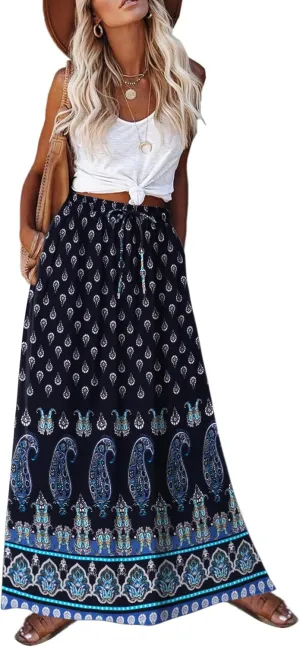 Zeagoo Women's 2025 Boho Floral Skirt Casual Elastic High Waist Maxi Skirts Flowy A Line Beach Long Skirt with Side Pockets