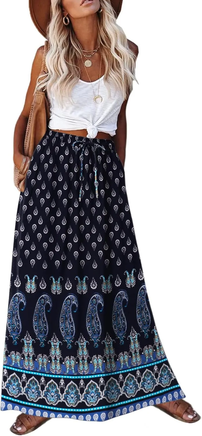 Zeagoo Women's 2025 Boho Floral Skirt Casual Elastic High Waist Maxi Skirts Flowy A Line Beach Long Skirt with Side Pockets