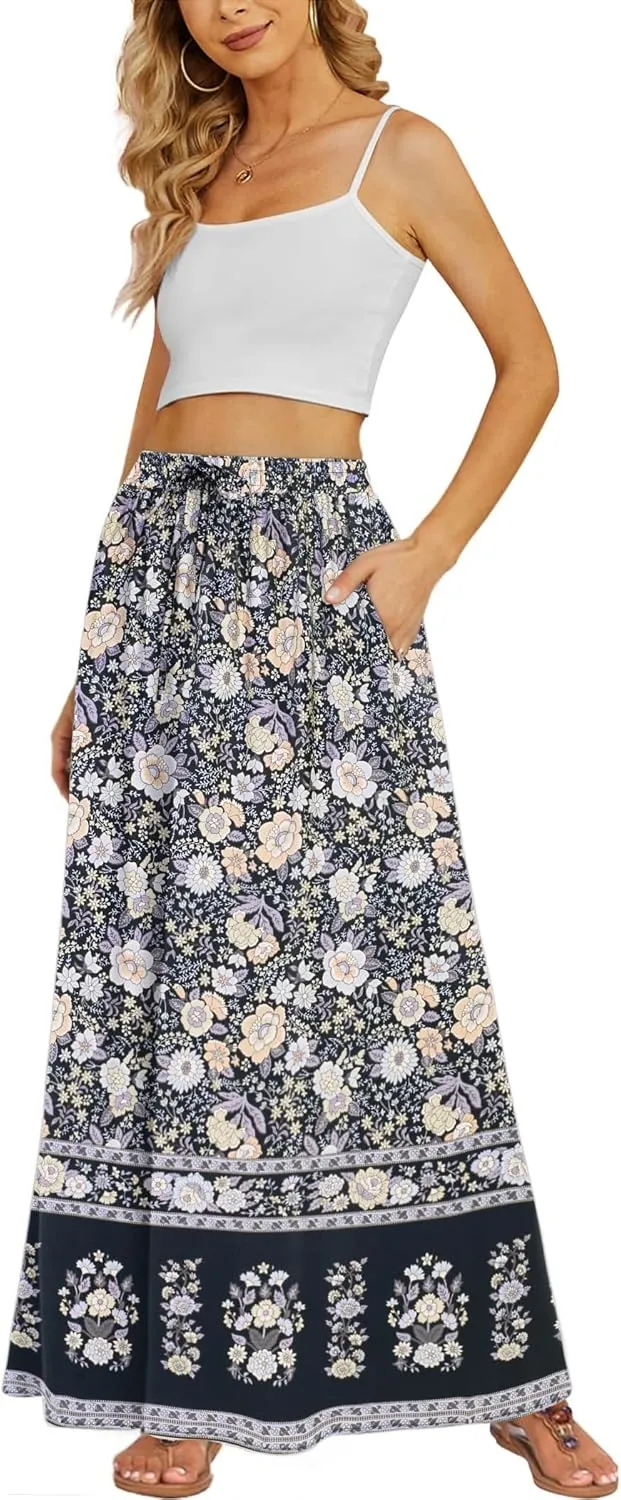 Zeagoo Women's 2025 Boho Floral Skirt Casual Elastic High Waist Maxi Skirts Flowy A Line Beach Long Skirt with Side Pockets