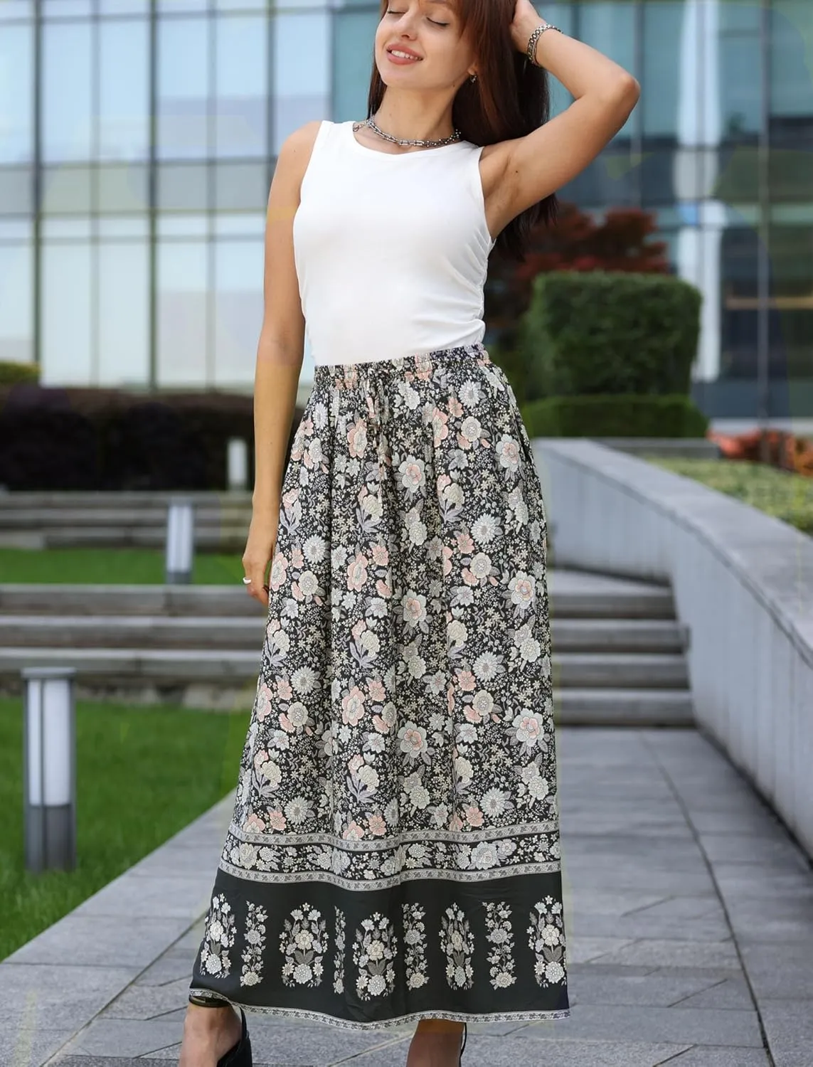Zeagoo Women's 2025 Boho Floral Skirt Casual Elastic High Waist Maxi Skirts Flowy A Line Beach Long Skirt with Side Pockets