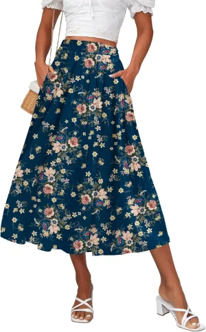 Zeagoo Women's Midi Skirts High Waisted Pleated A-Line Swing Skirts Summer Floral Long Skirts with Pockets,XL