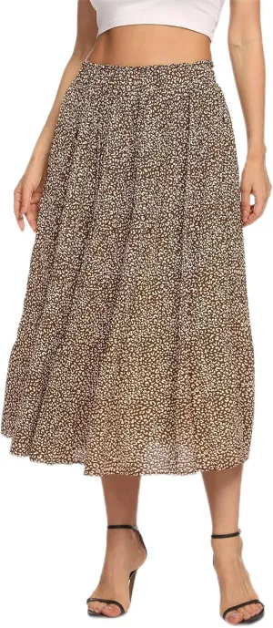 Zeagoo Women's Summer Floral Midi Skirts High Waisted Pleated A-Line Swing Skirts Long Skirts with Pockets, Leopard 1,M