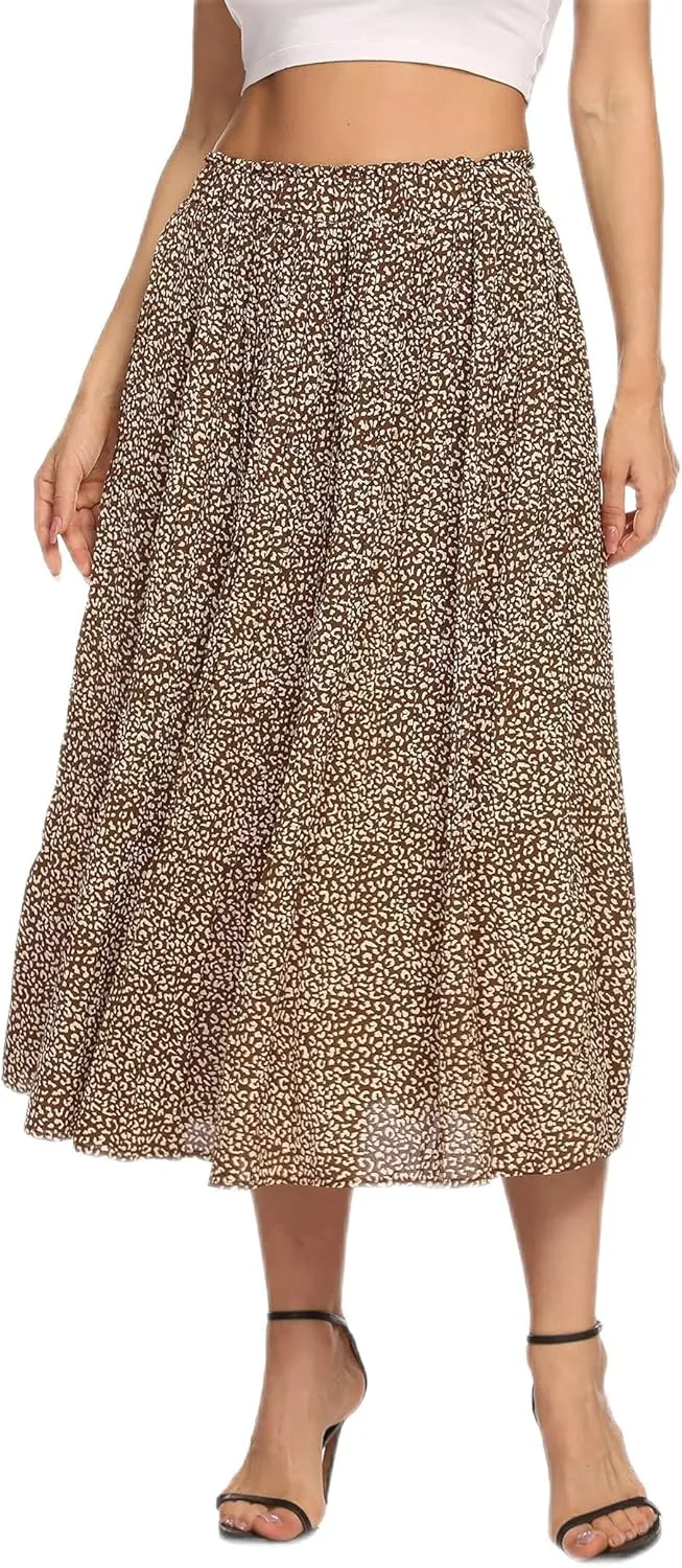 Zeagoo Women's Summer Floral Midi Skirts High Waisted Pleated A-Line Swing Skirts Long Skirts with Pockets, Leopard 1,M